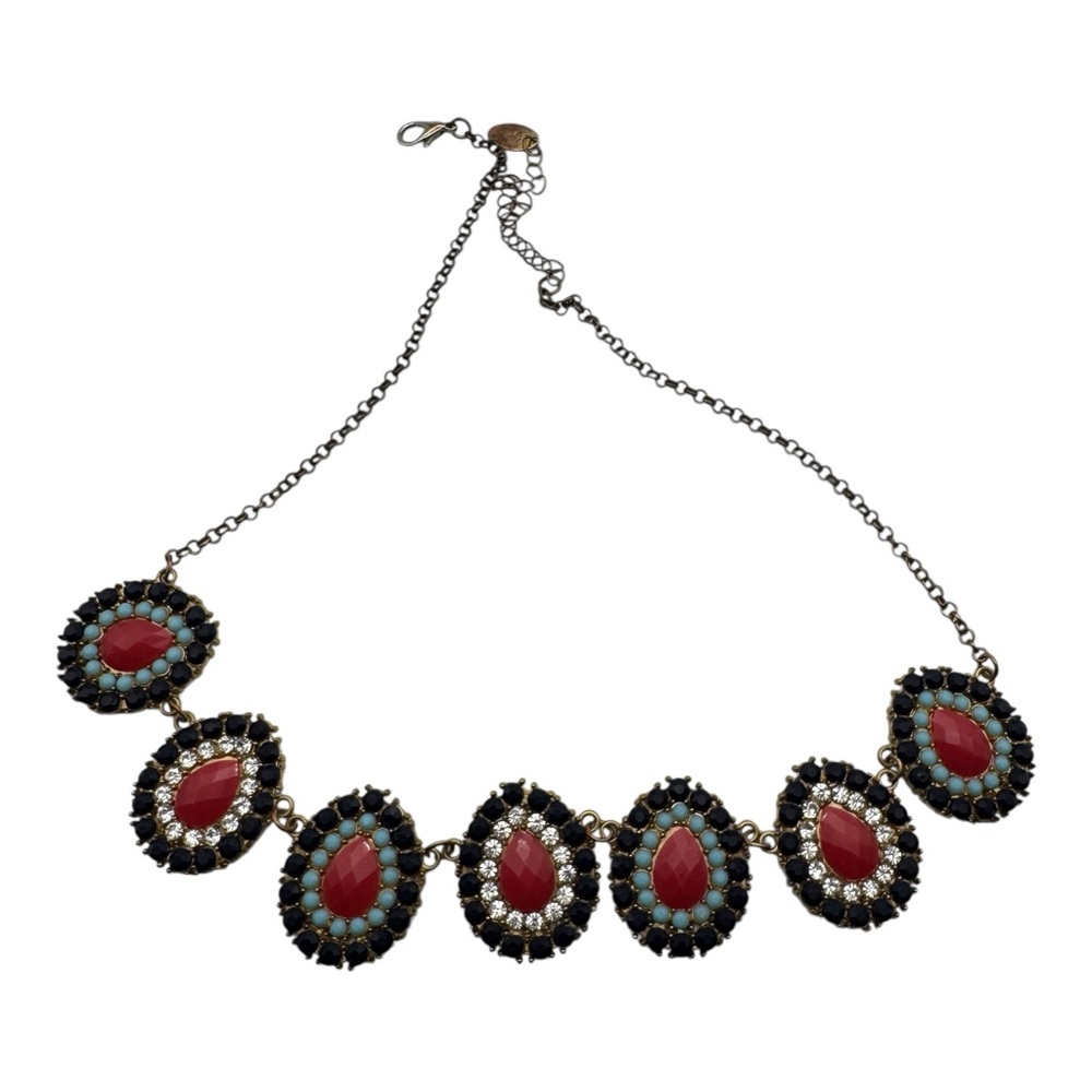 Vintage ETC! Statement Necklace Multicolor Rhinestone Oval Medallion Bib‎ Chain